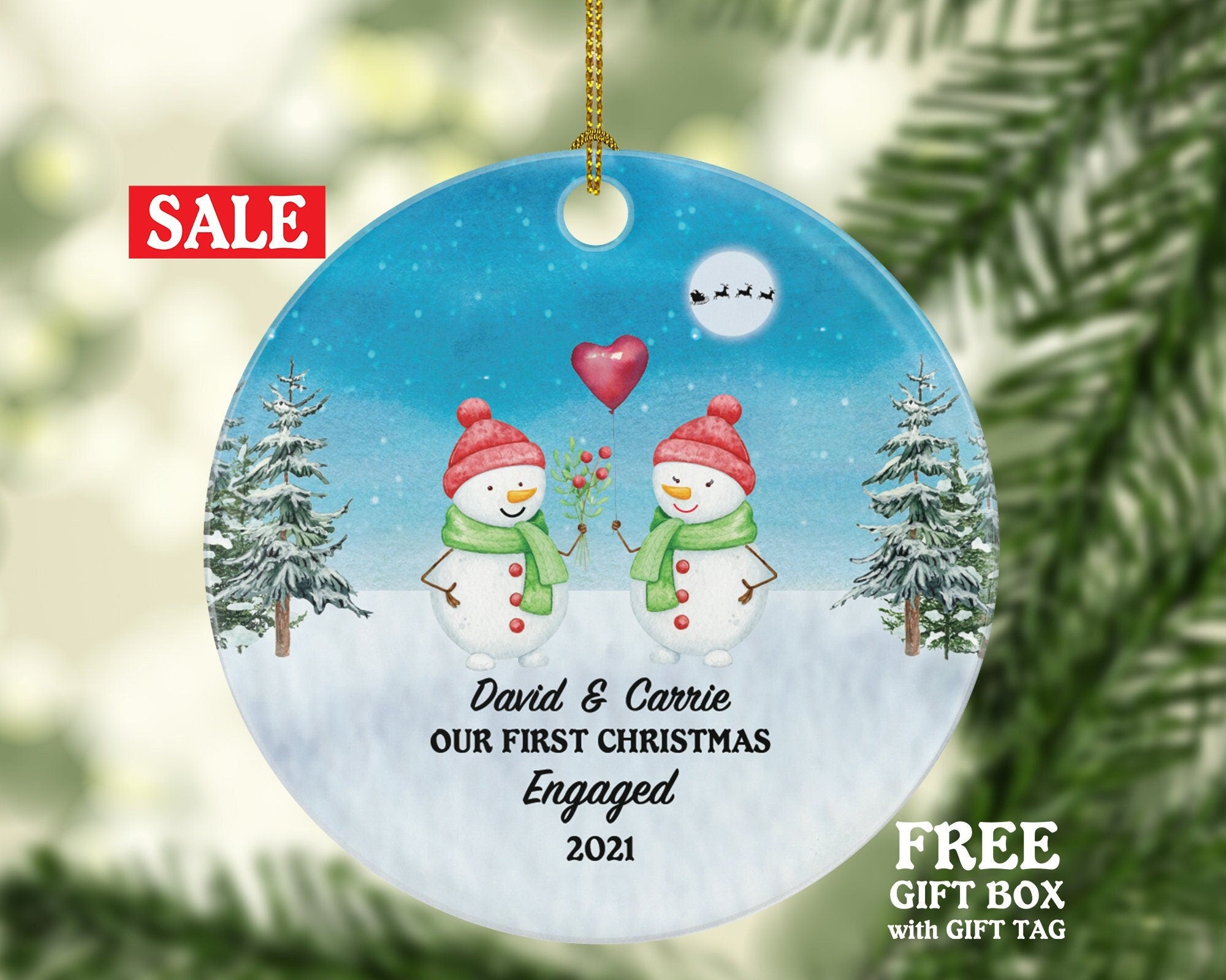 First Christmas Engaged Personalized Ornament - Engagement Announcement Couple Gift - Custom Date Name - Future Husband Wife