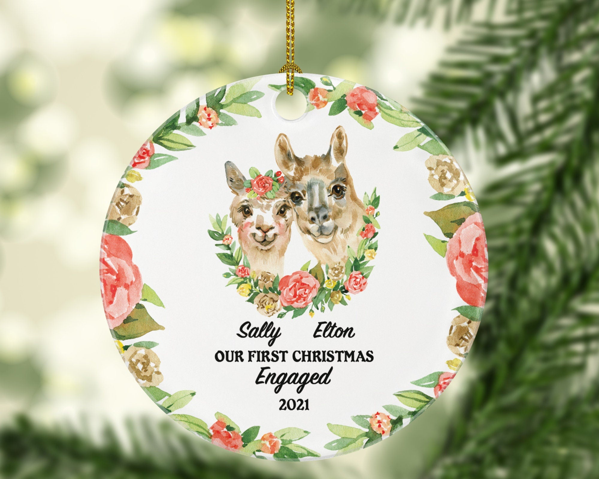 Our First Christmas Engaged Ornament - Personalized Engagement Announcement Gift - Llama Couple