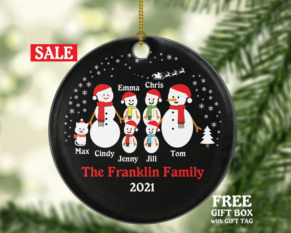 Personalized Family of 6 Christmas Ornaments with Cat Pet, Snowman Family Christmas Ornaments, 6 Snowmen Ornament, Big Family Ornament
