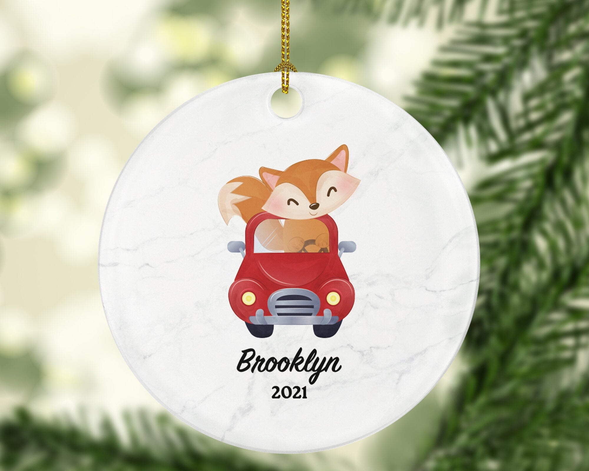 Kid Fox in Car Christmas Ornament Personalized - Toddler Car Custom Name and Year