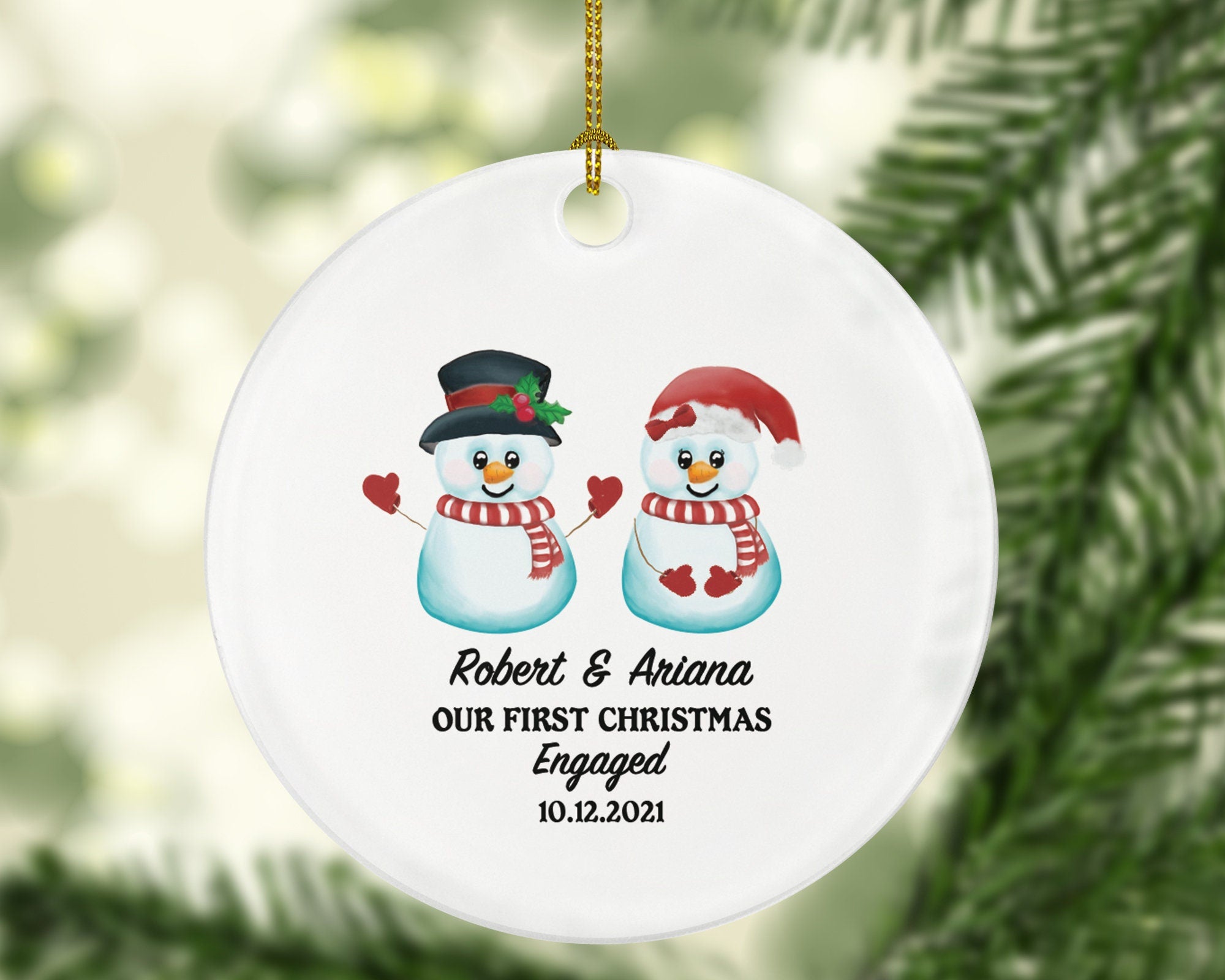 First Christmas Engaged Personalized Ornament - Engagement Announcement Couple Gift - Snowmen