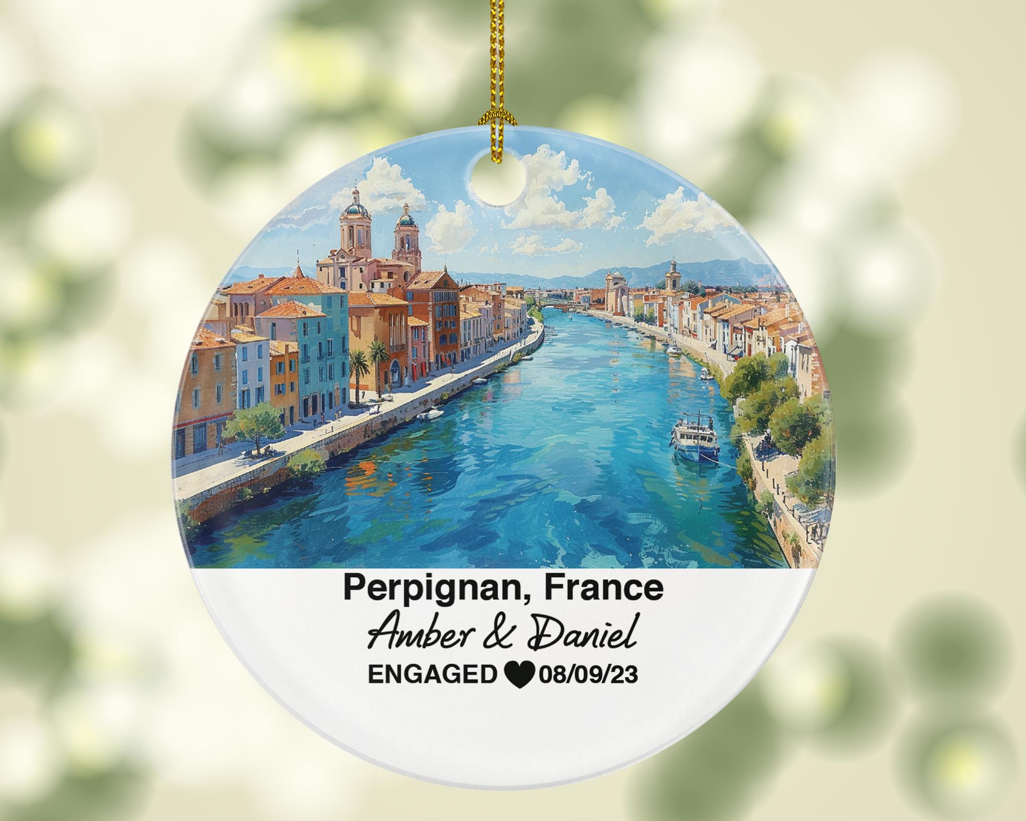 Personalized Perpignan France Christmas Ornament, Palais des Rois de Majorque, Mr & Mrs Wedding, Engagement, Honeymoon Keepsake to Couples