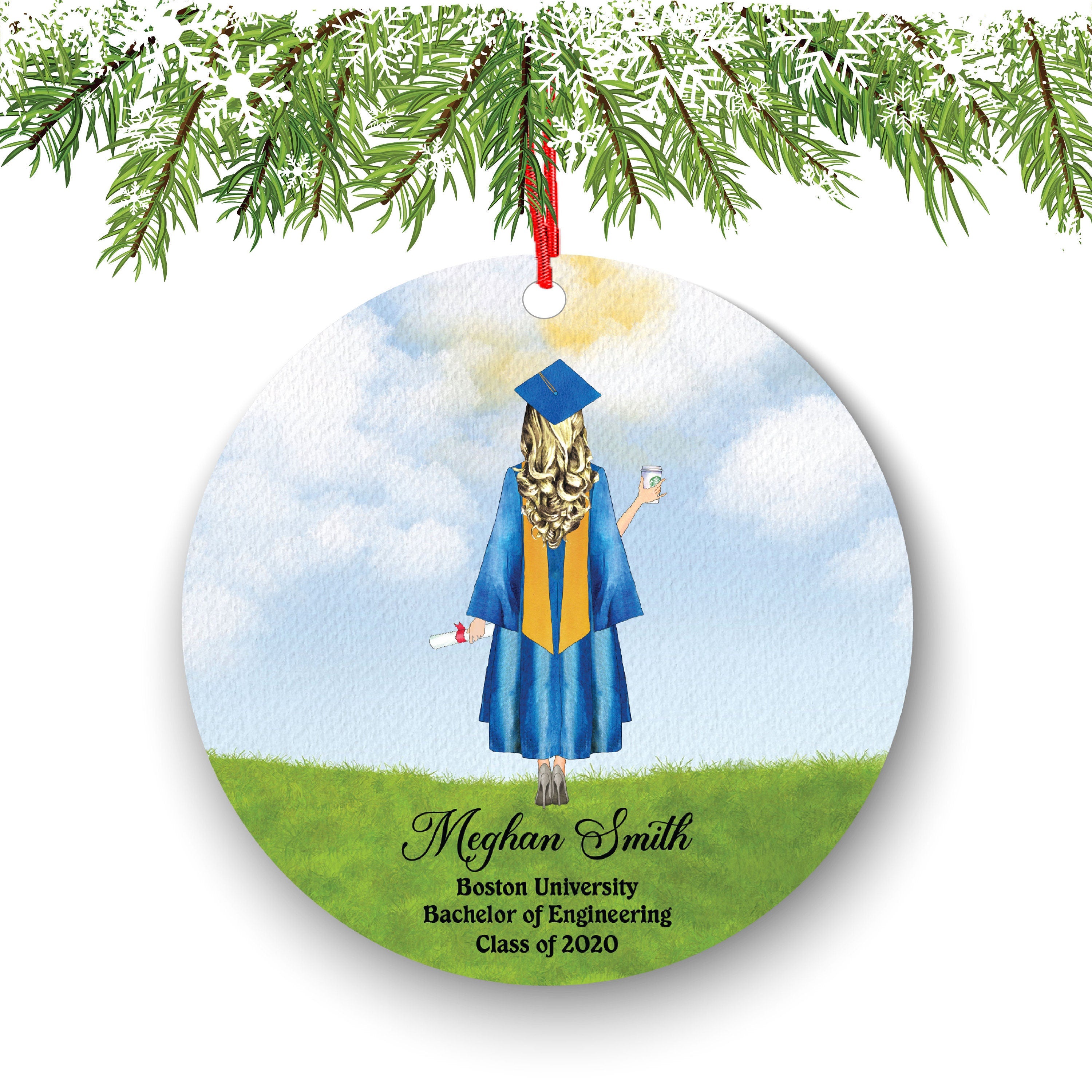 Personalized Graduation Christmas Ornament Class of 2020 Custom Gift for Graduate Masters Bachelor Doctorate College High School Degree Blue