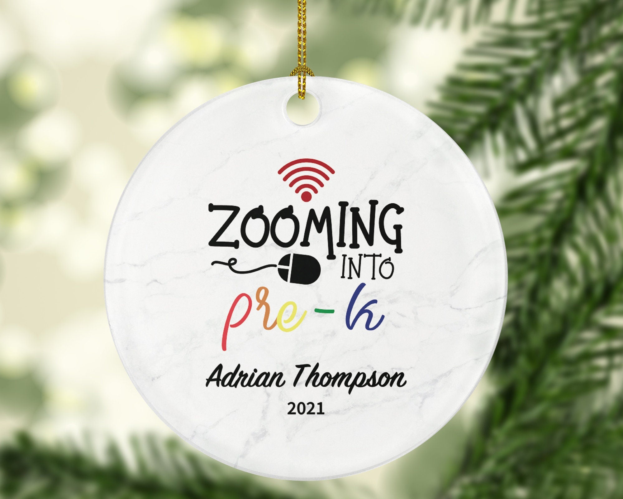 Virtual Grade Online Learning Christmas Ornament Personalized - Zoom Zooming into Kindergarten Pre-K Pre-School Schooling Remote