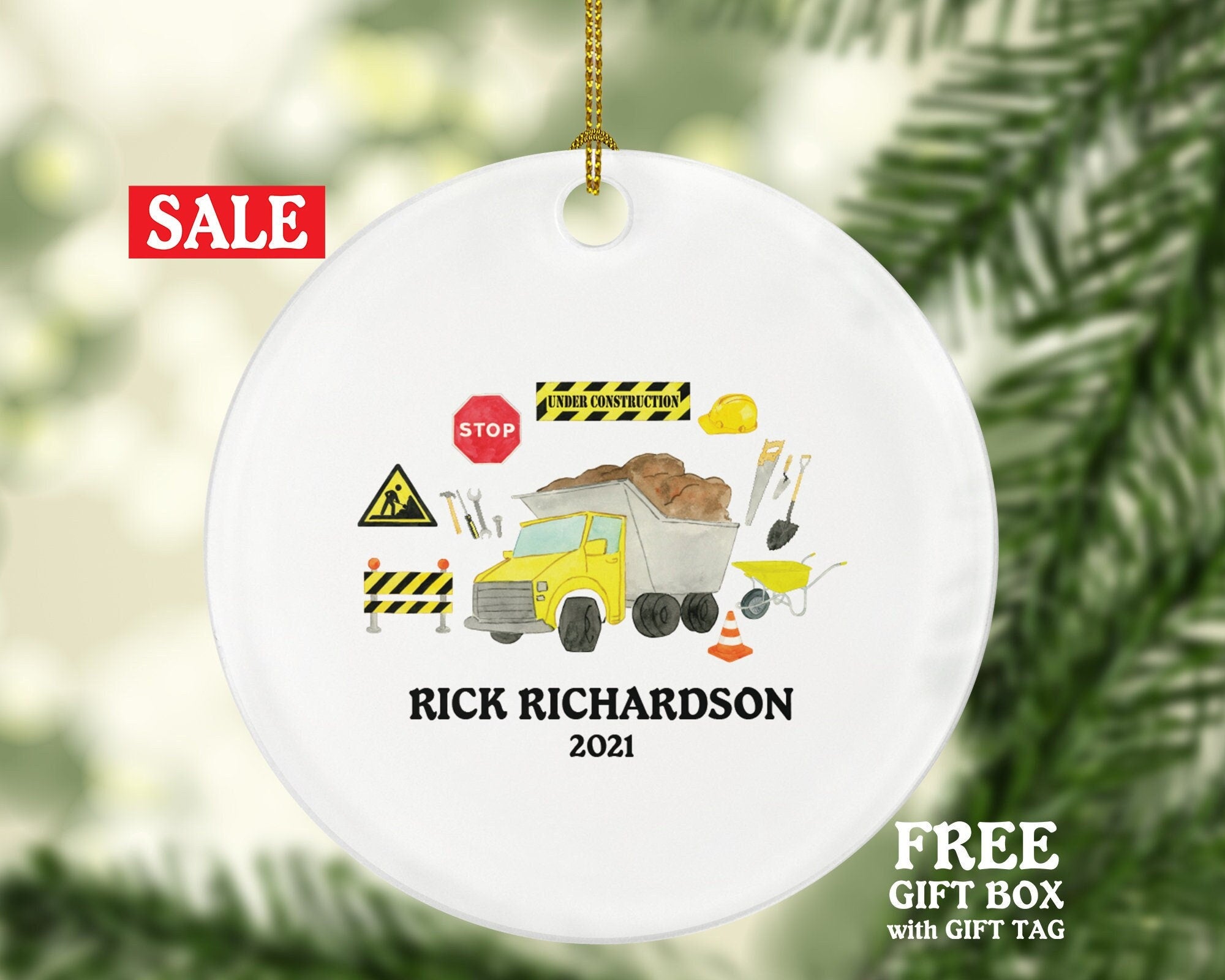 Dump Truck Personalized Christmas Ornament - Construction Worker Handy Man Builder - Custom Name Year Gift