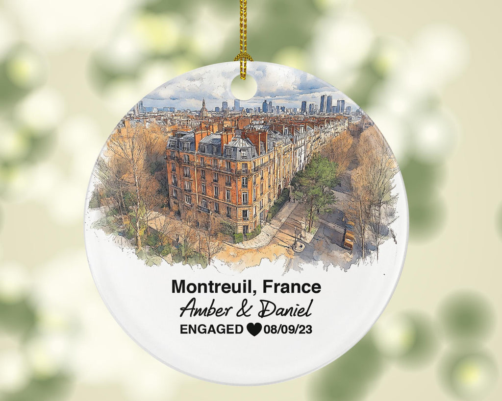 Personalized Montreuil France Christmas Ornament, Vibrant Markets, Mr & Mrs Wedding, Engagement, or Honeymoon Keepsake for Couples
