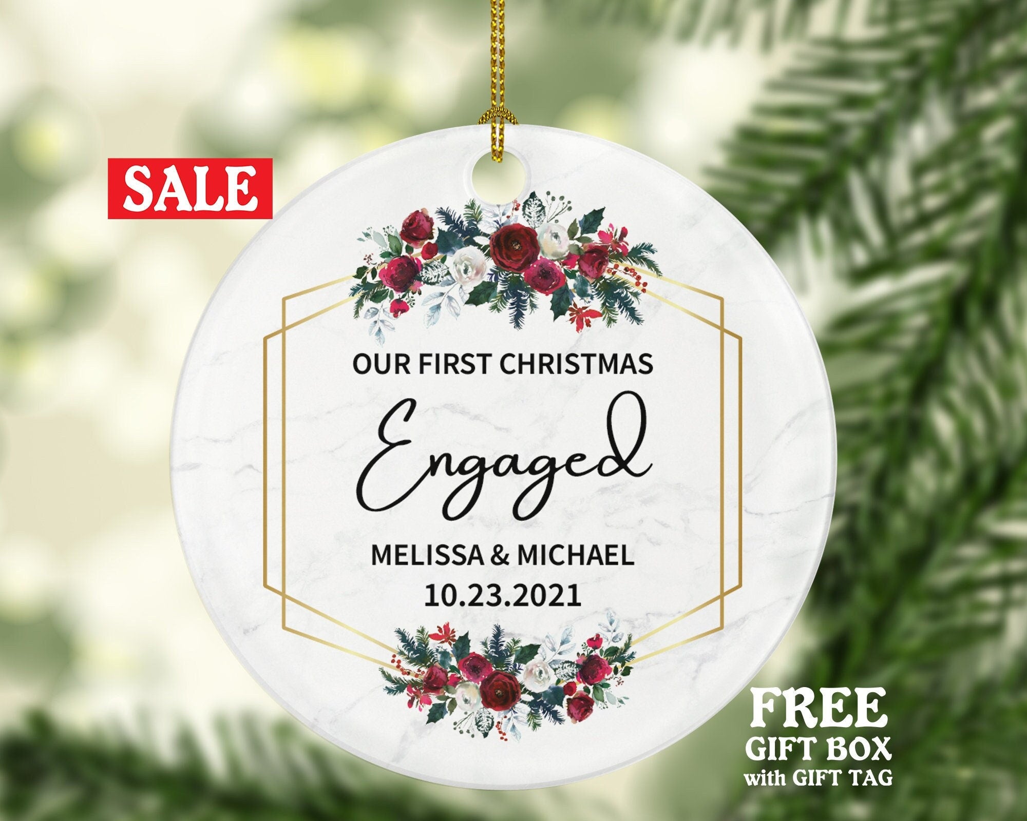 Our First Christmas Engaged Ornament - Personalized Engagement Announcement - Couple Gift - Custom Date and Name