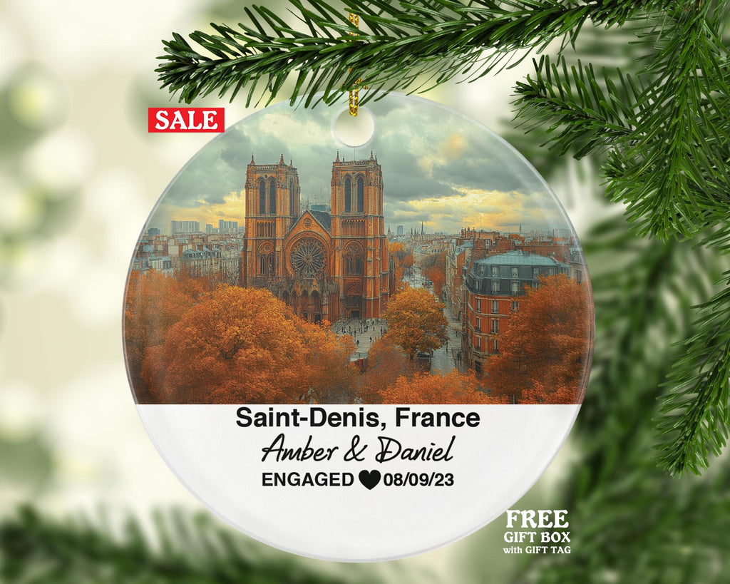 Personalized Saint-Denis France Christmas Ornament, Basilica of Saint-Denis, Stade de France, Mr & Mrs Wedding, Engagement, or Honeymoon Keepsake for Couples
