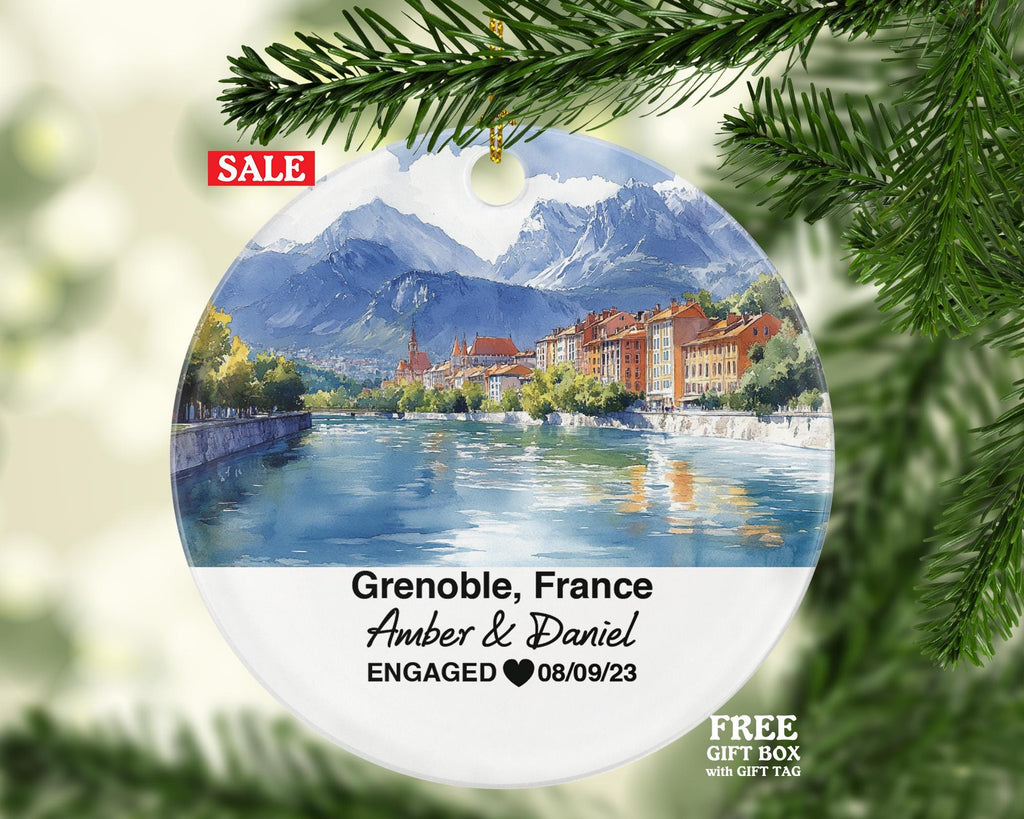Personalized Grenoble France Christmas Ornament, Bastille Fortress, Isère River, Mr & Mrs Wedding, Engagement, or Honeymoon Keepsake
