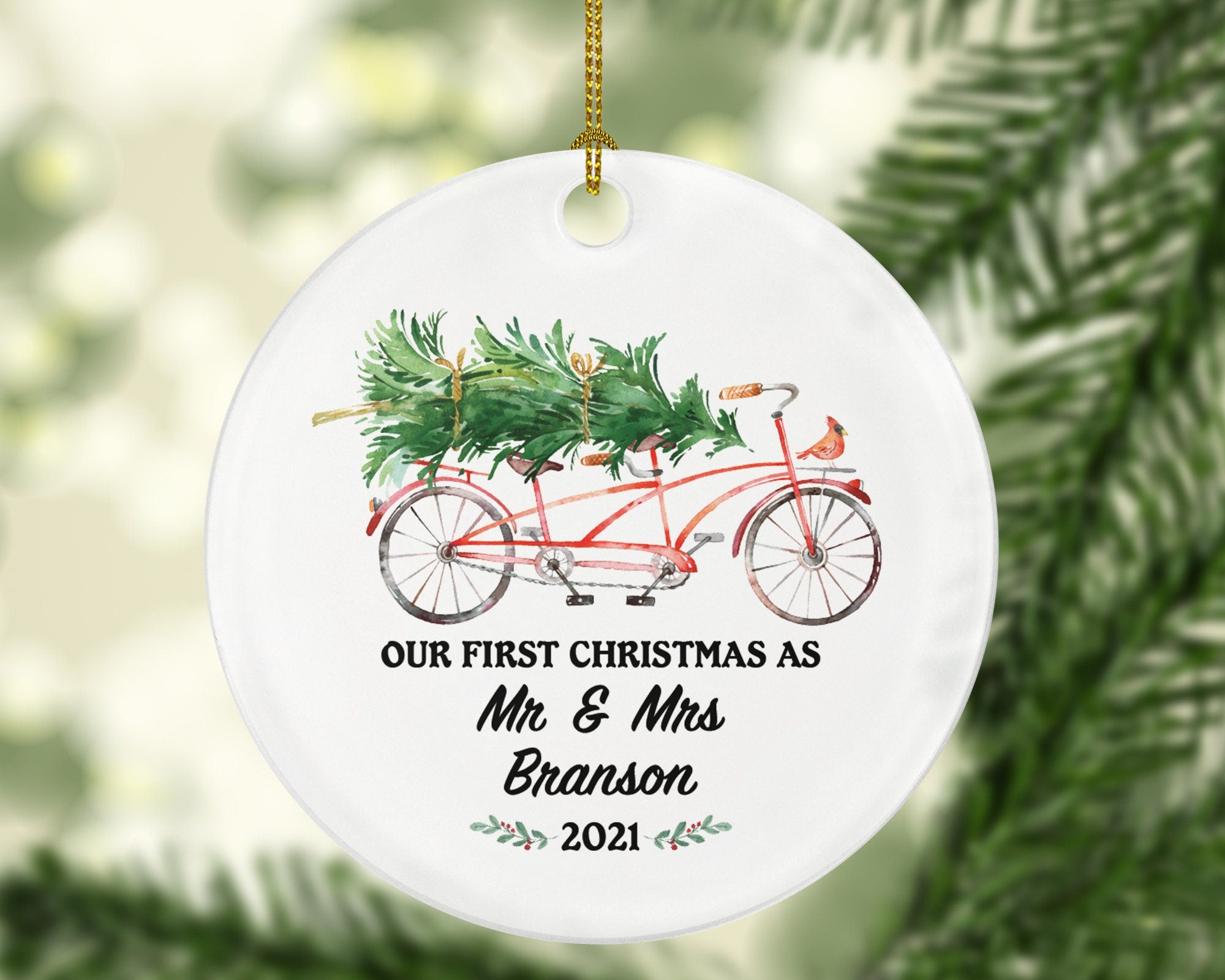 Personalized Mr & Mrs Christmas Ornament - Tandem Bicycle Couples Wedding Newlywed Gift Just Married Newly Wed Custom Bride Groom