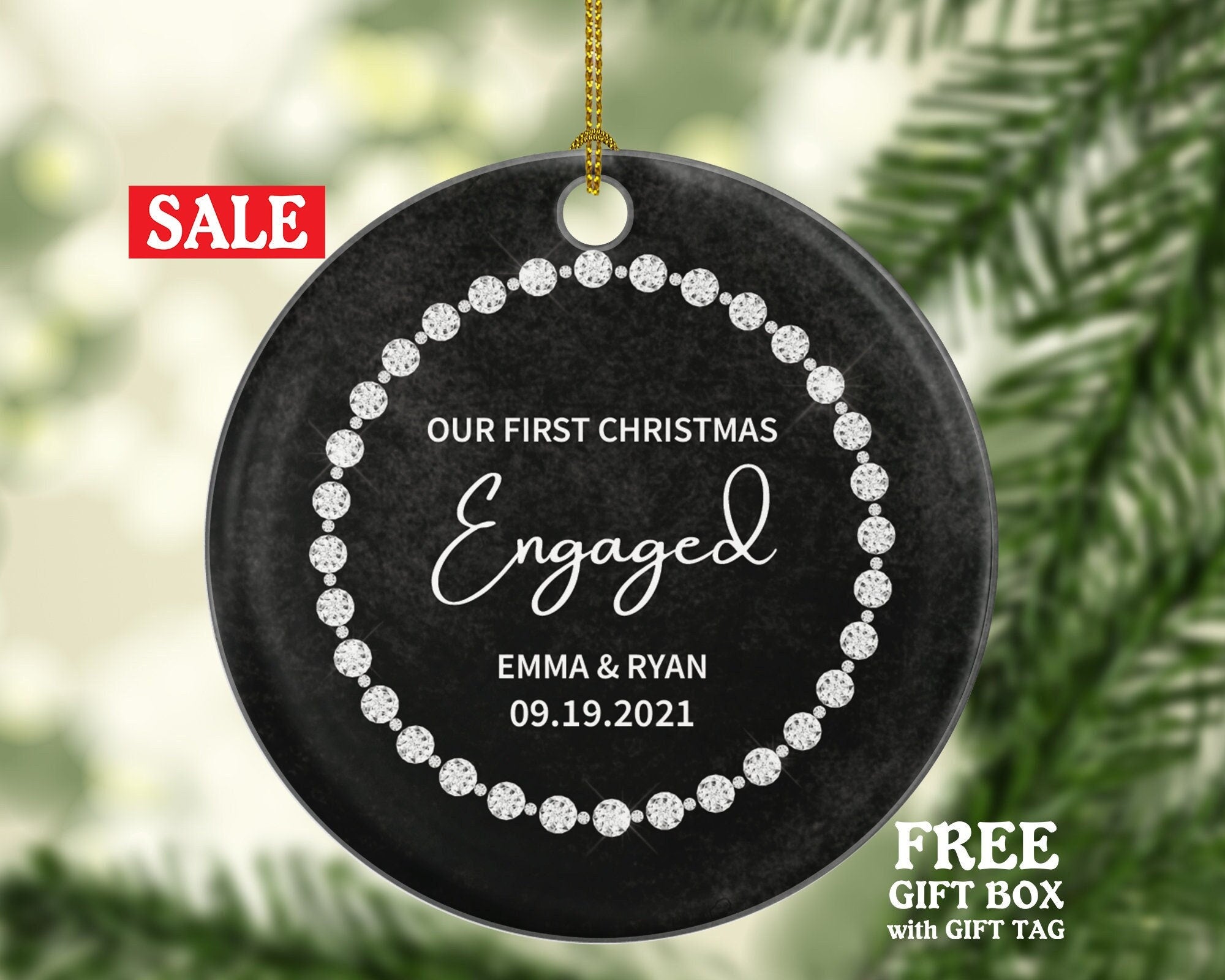 First Christmas Engaged Personalized Ornament - Engagement Announcement Couple Gift