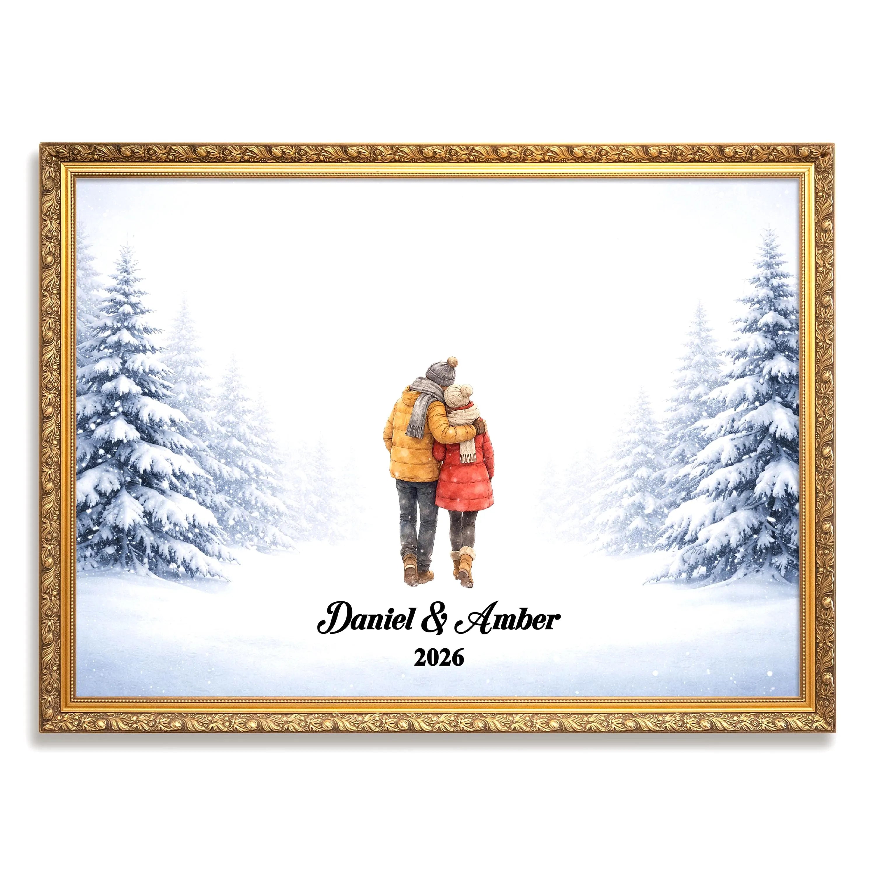 Personalized Couple in Snowy Scene Wall Art | Winter Landscape Print for Engaged, Married, Mr & Mrs, Anniversary | Aluminum Metal Print