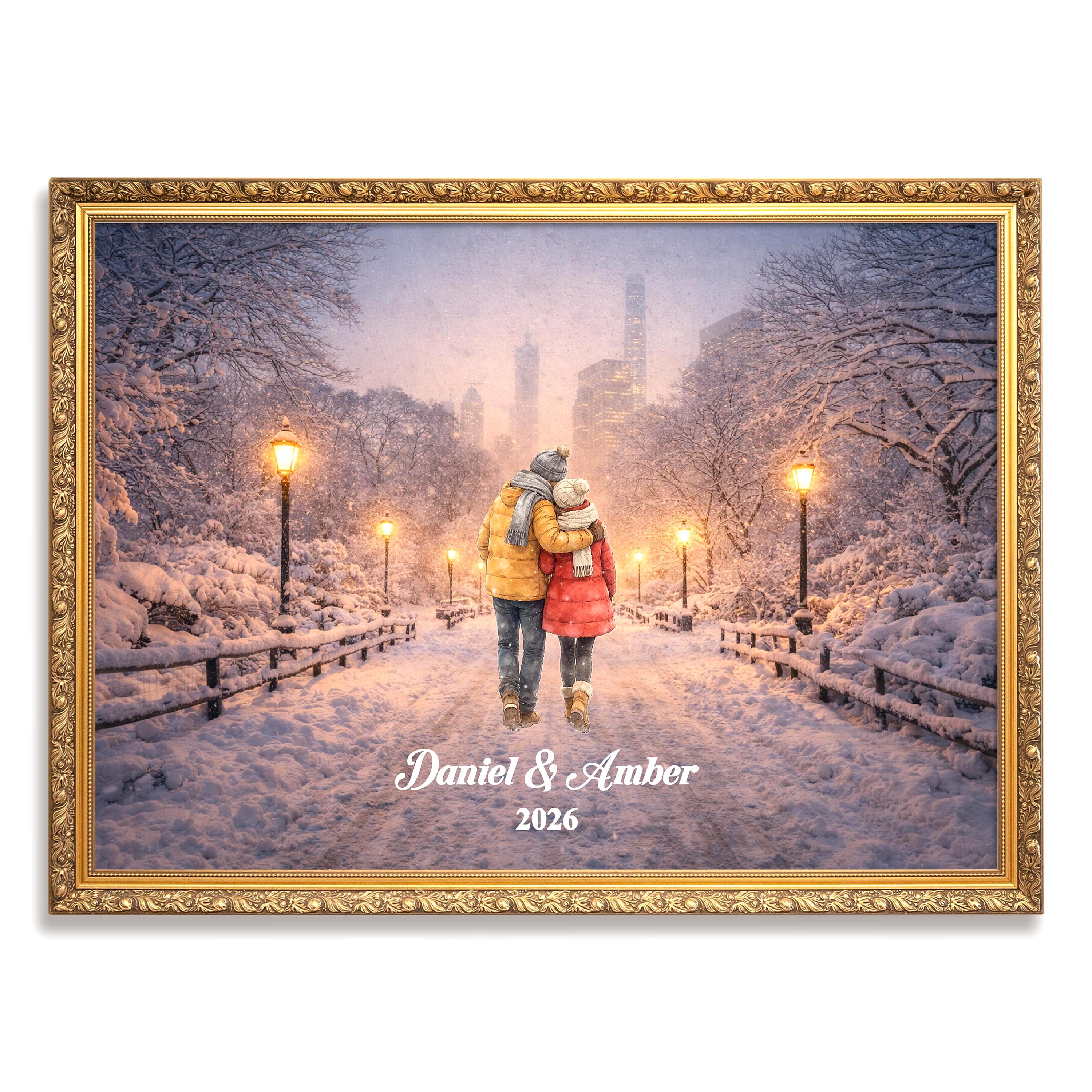 New York City Couple Custom Wall Art | Snowy NYC Scene for Engaged, Married, Mr & Mrs, Anniversary, Travel, Honeymoon | Aluminum Metal Print