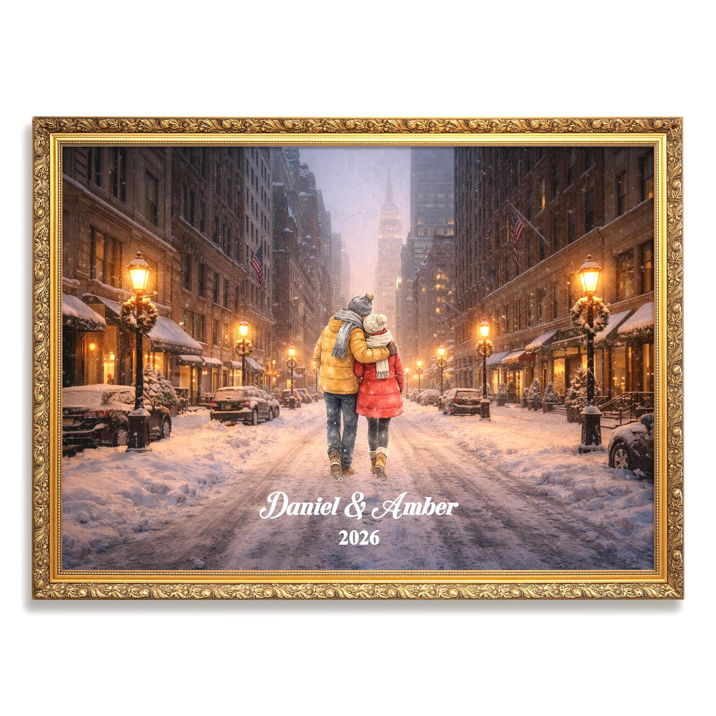 Custom New York City Couple Wall Art | Snowy NYC Scene for Engaged, Married, Mr & Mrs, Anniversary, Travel, Honeymoon | Aluminum Metal Print