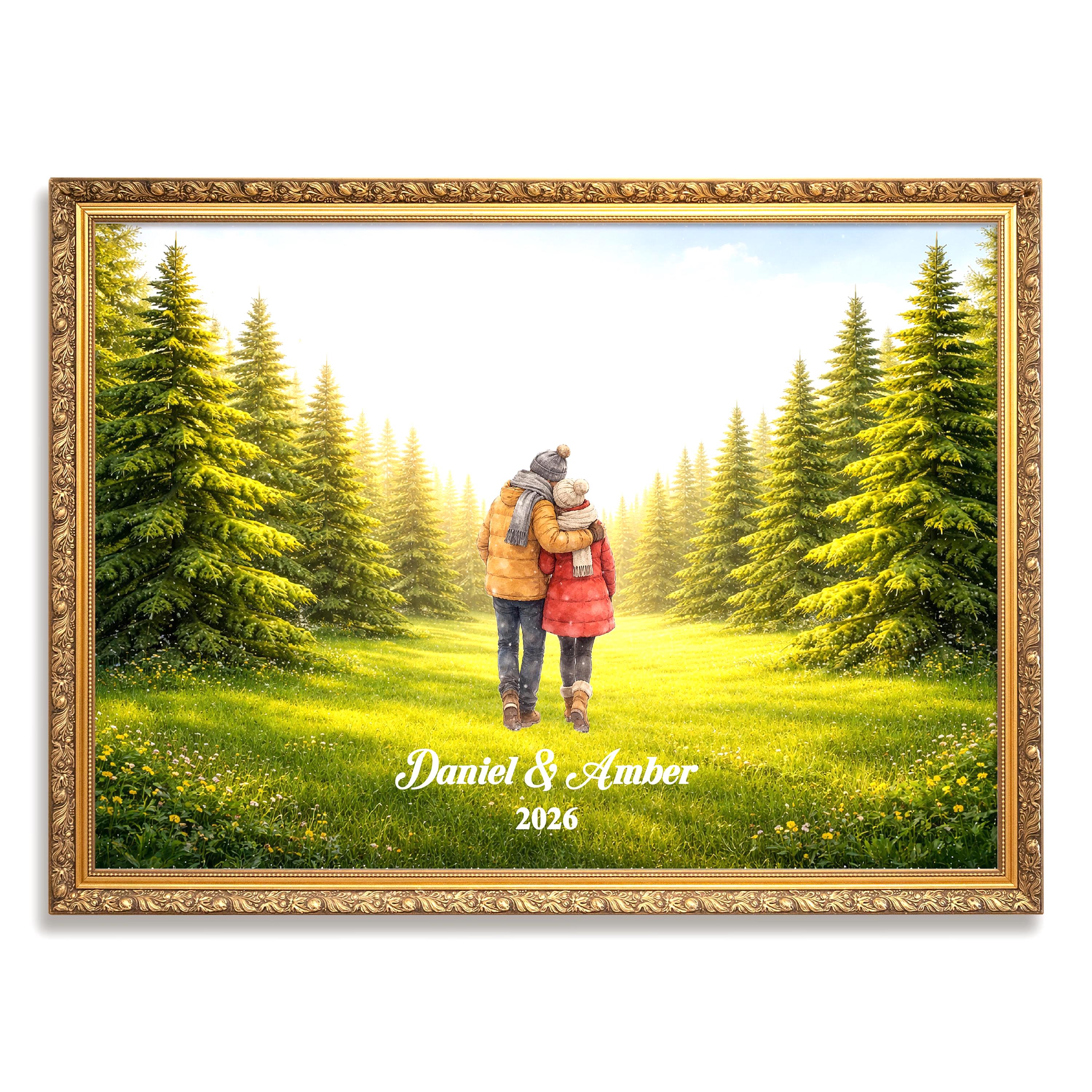 Custom Couple in Forest Wall Art | Green Nature Landscape Print for Engaged, Married, Mr & Mrs, Anniversary | Aluminum Metal Print