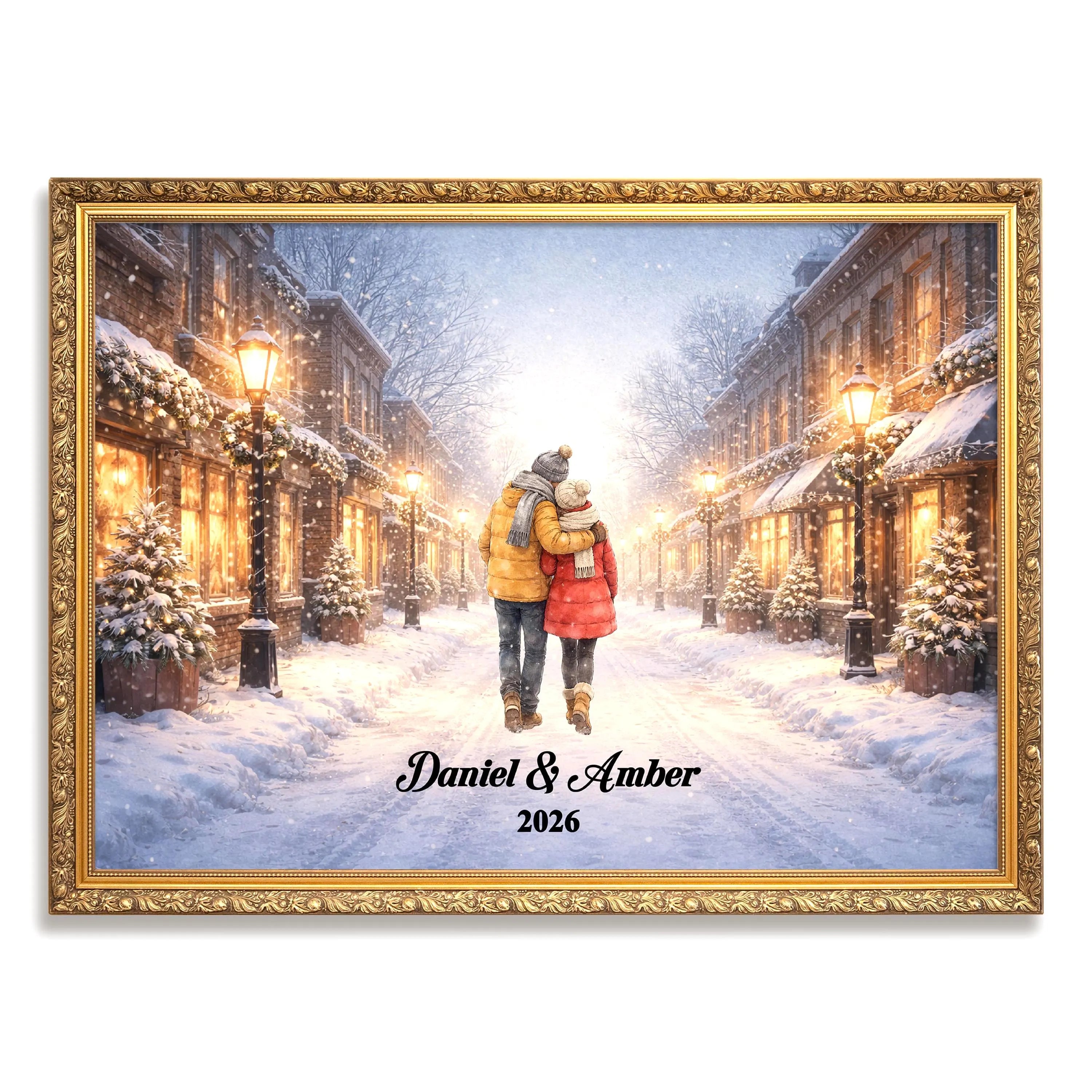 Custom Couple in Snowy City Wall Art | Winter Wall Art for Engaged, Married, Mr & Mrs, Anniversary | Aluminum Metal Print