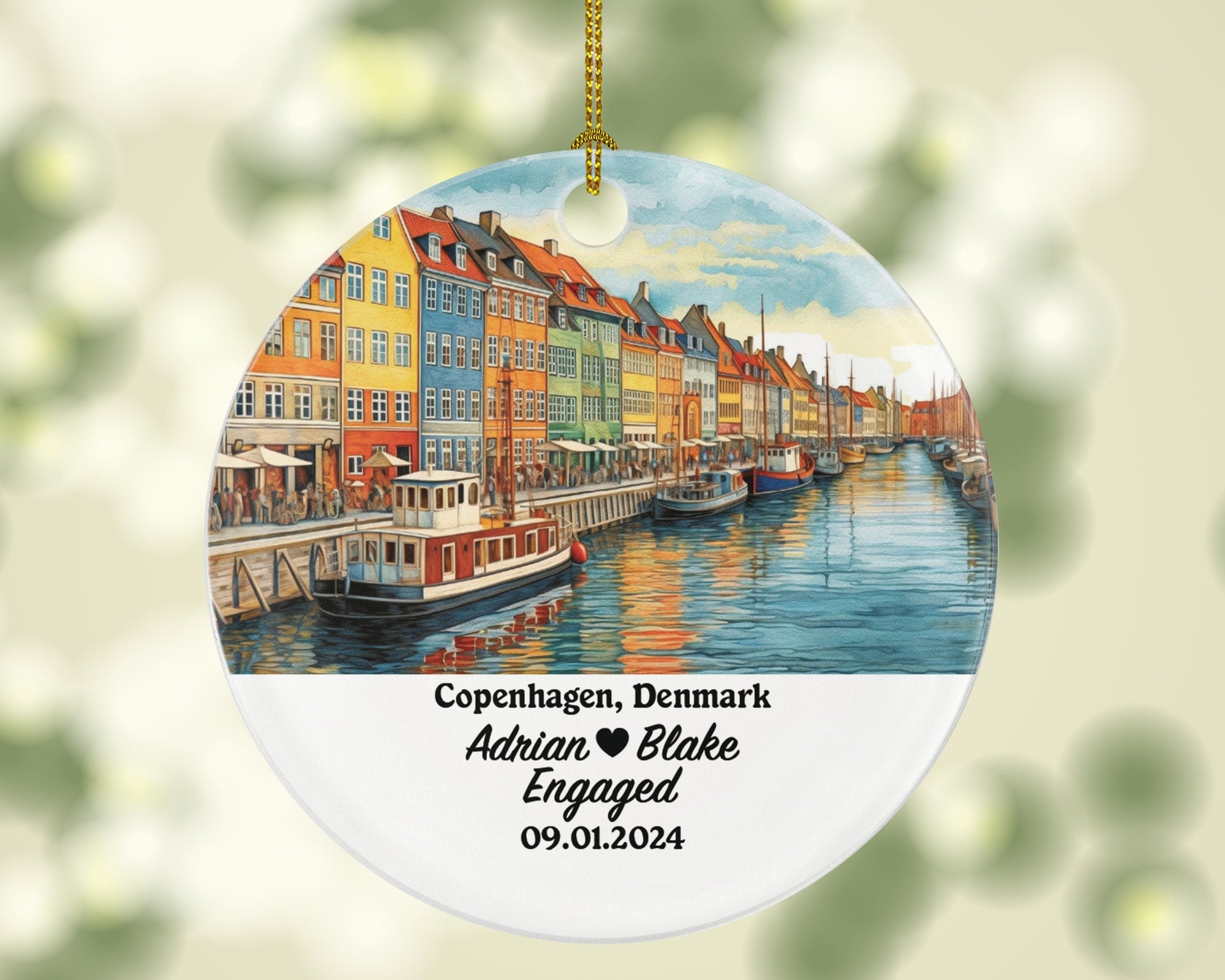 Copenhagen Christmas Ornament Personalized - Denmark Engaged Married Family Together Couple Travel Honeymoon Engagement Marriage