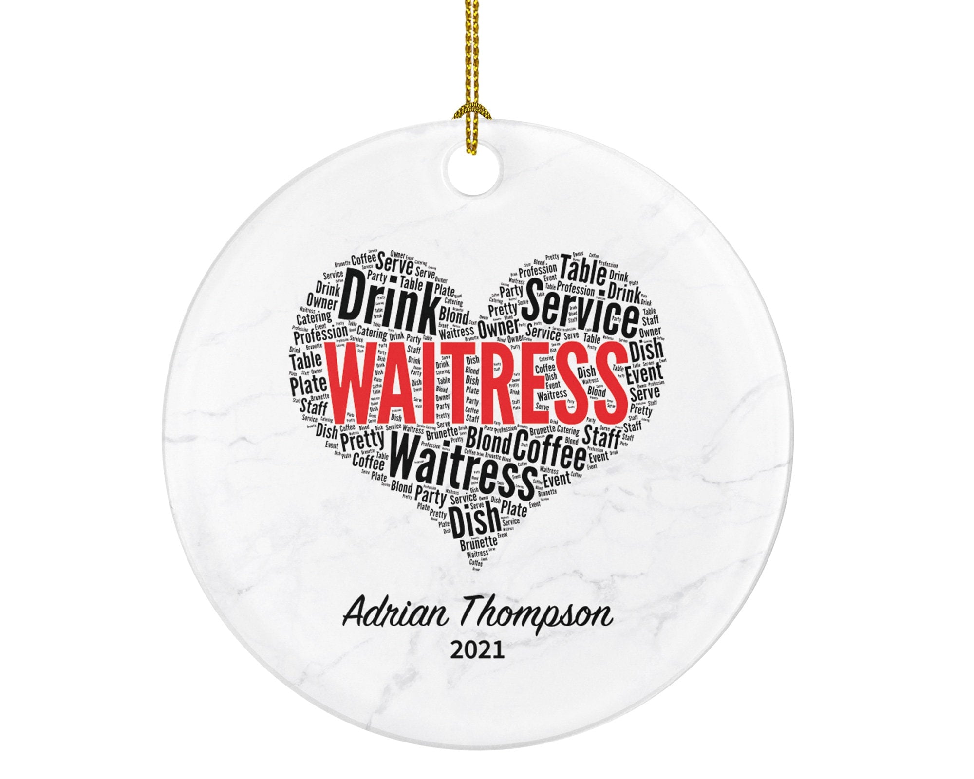 Waitress / Waiter Christmas Ornament Personalized - Gift for Cafe Cafeteria Restaurant Worker - Custom Name Year