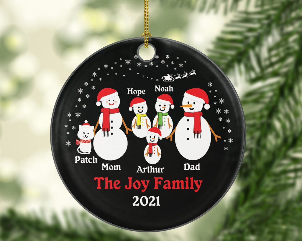 Personalized Christmas Ornament with Cat Pet Fur Family Owner Lover Snowmen Snowman Big Family of 5 Five Cat Mom Dad Kids Children Custom