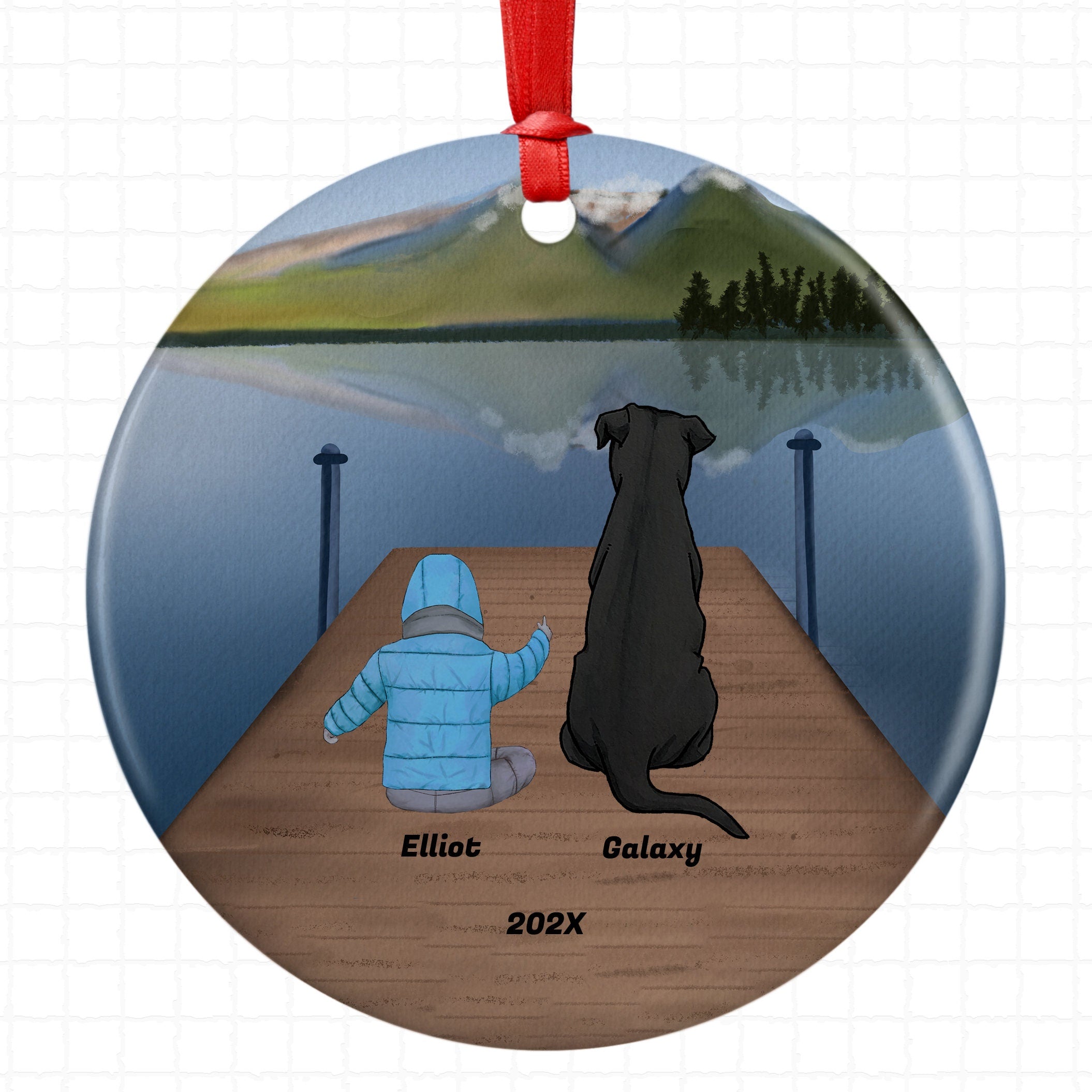 Personalized Baby Boy Son Kid Child Grandchild Grandson Pet Christmas Ornament Custom Ceramic Dog Cat Owners Holiday Gift Lake Scene