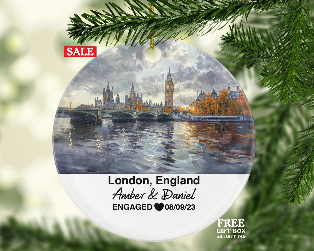 London England Round Ceramic Christmas Ornament – Personalized Big Ben, Tower Bridge Keepsake, Custom Couple Gift for Wedding or Honeymoon