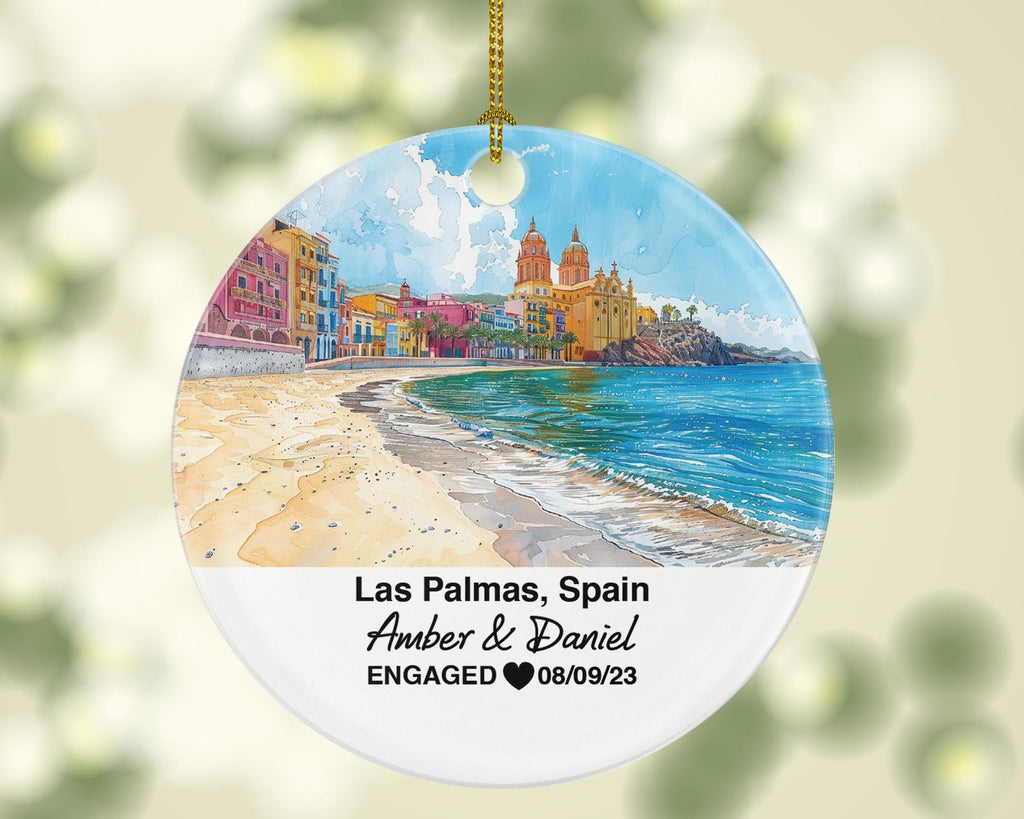 Las Palmas Spain Round Ceramic Christmas Ornament – Personalized Holiday Keepsake, Custom Couple Gift for Wedding or Honeymoon