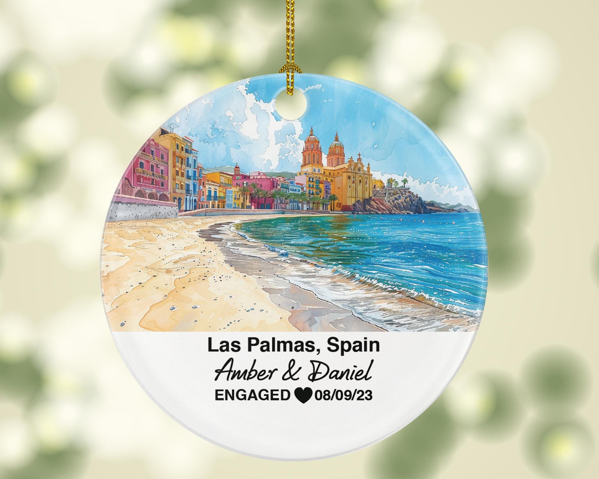 Las Palmas Spain Round Ceramic Christmas Ornament – Personalized Holiday Keepsake, Custom Couple Gift for Wedding or Honeymoon