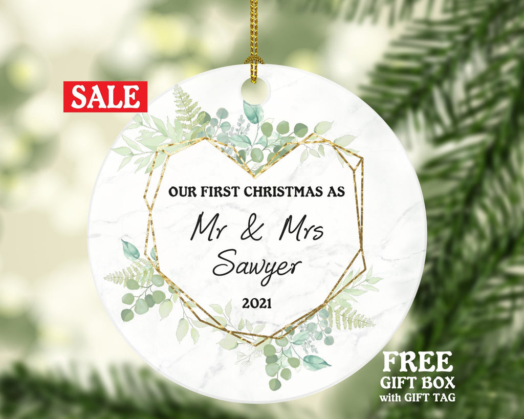 Our First Christmas as Mr & Mrs Personalized Ornament - Newlywed Mr. and Mrs. Wedding Couple Just Married Marriage Gift