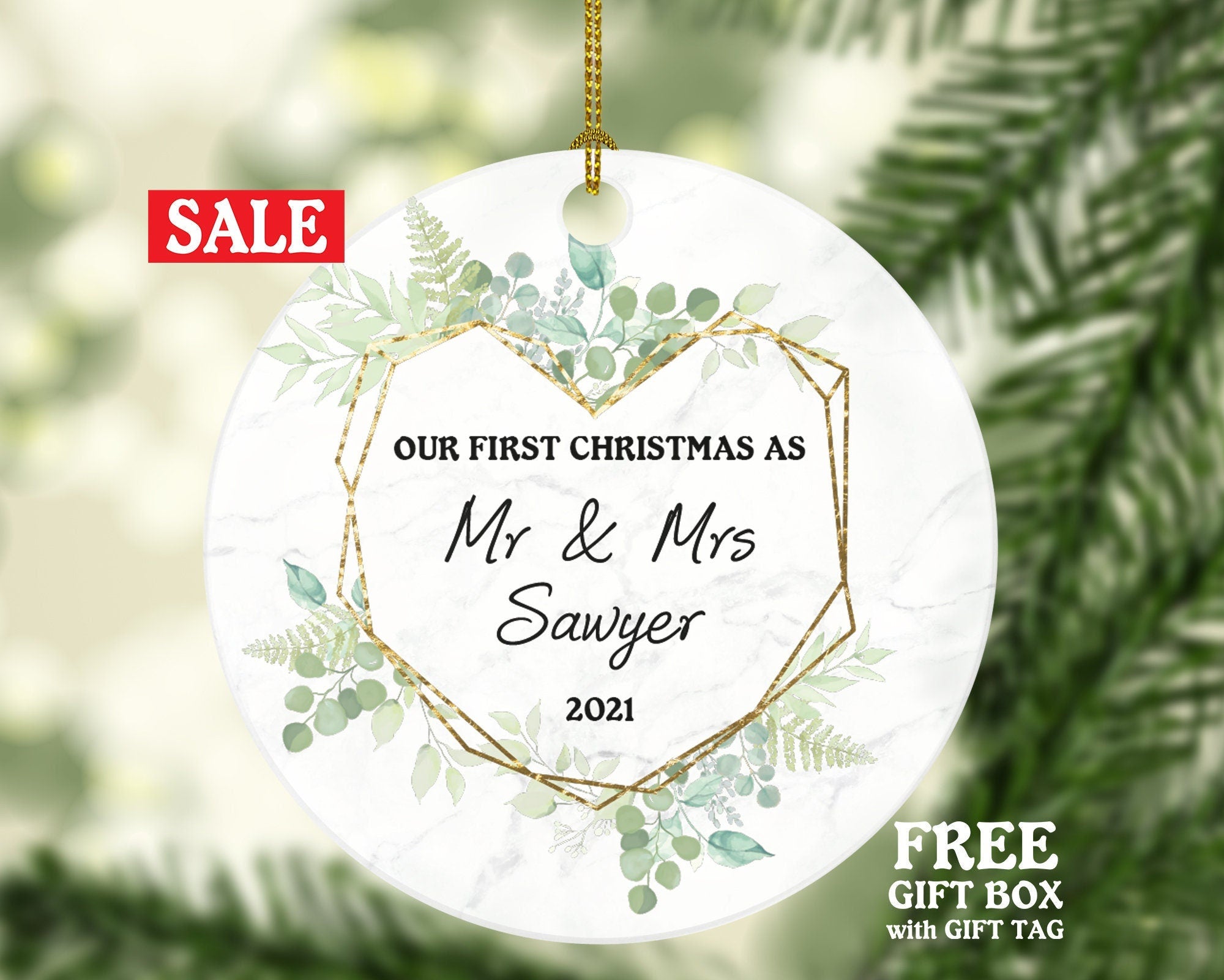 Our First Christmas as Mr & Mrs Personalized Ornament - Newlywed Mr. and Mrs. Wedding Couple Just Married Marriage Gift