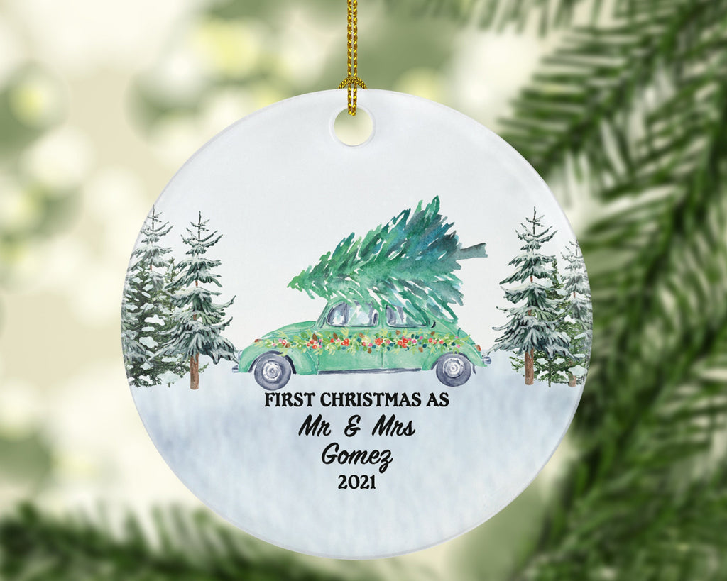 First Christmas As Mr & Mrs Newlywed Christmas Ornament - Personalized  Wedding First Married Gift for Wedding Vintage Green Car