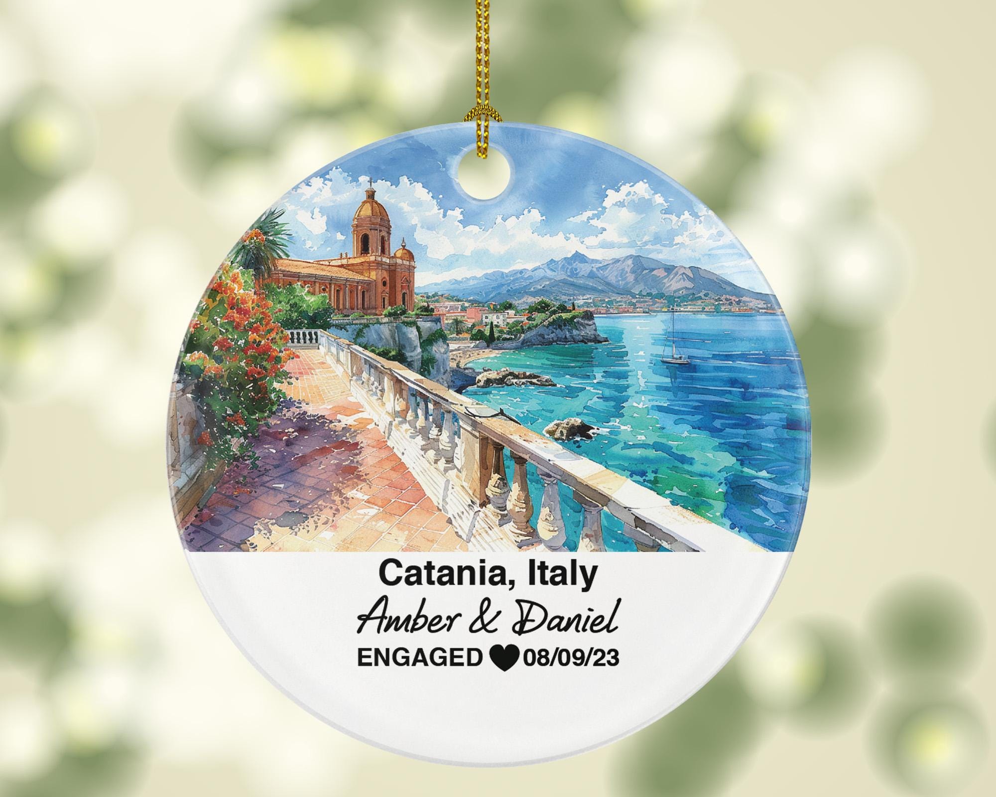 Custom Catania Italy Christmas Ornament, Piazza del Duomo, Castello Ursino, Personalized Honeymoon, Engagement, Wedding Keepsake for Couples