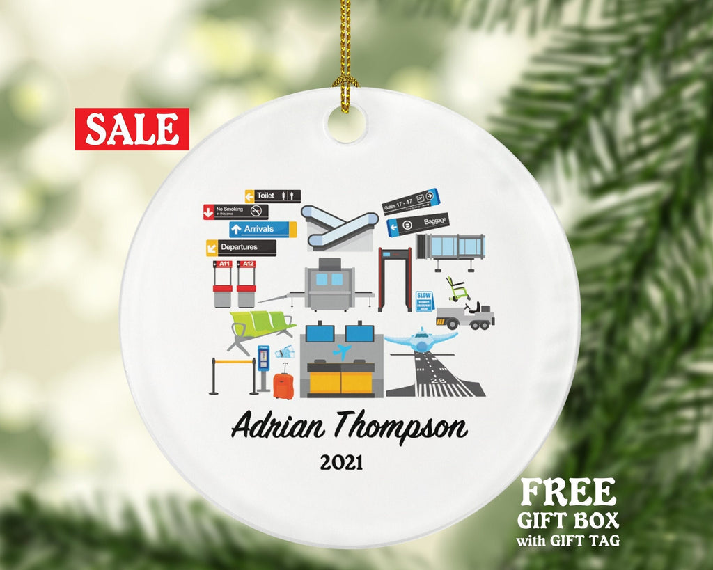 Airport Worker Pilot Christmas Ornament - Personalized Airport Planner Operations Manager Aeronautical Engineer Flight Attendant Dispatcher
