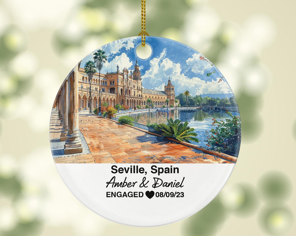 Seville Spain Round Ceramic Christmas Ornament – Personalized Holiday Keepsake, Custom Couple Gift for Wedding or Honeymoon