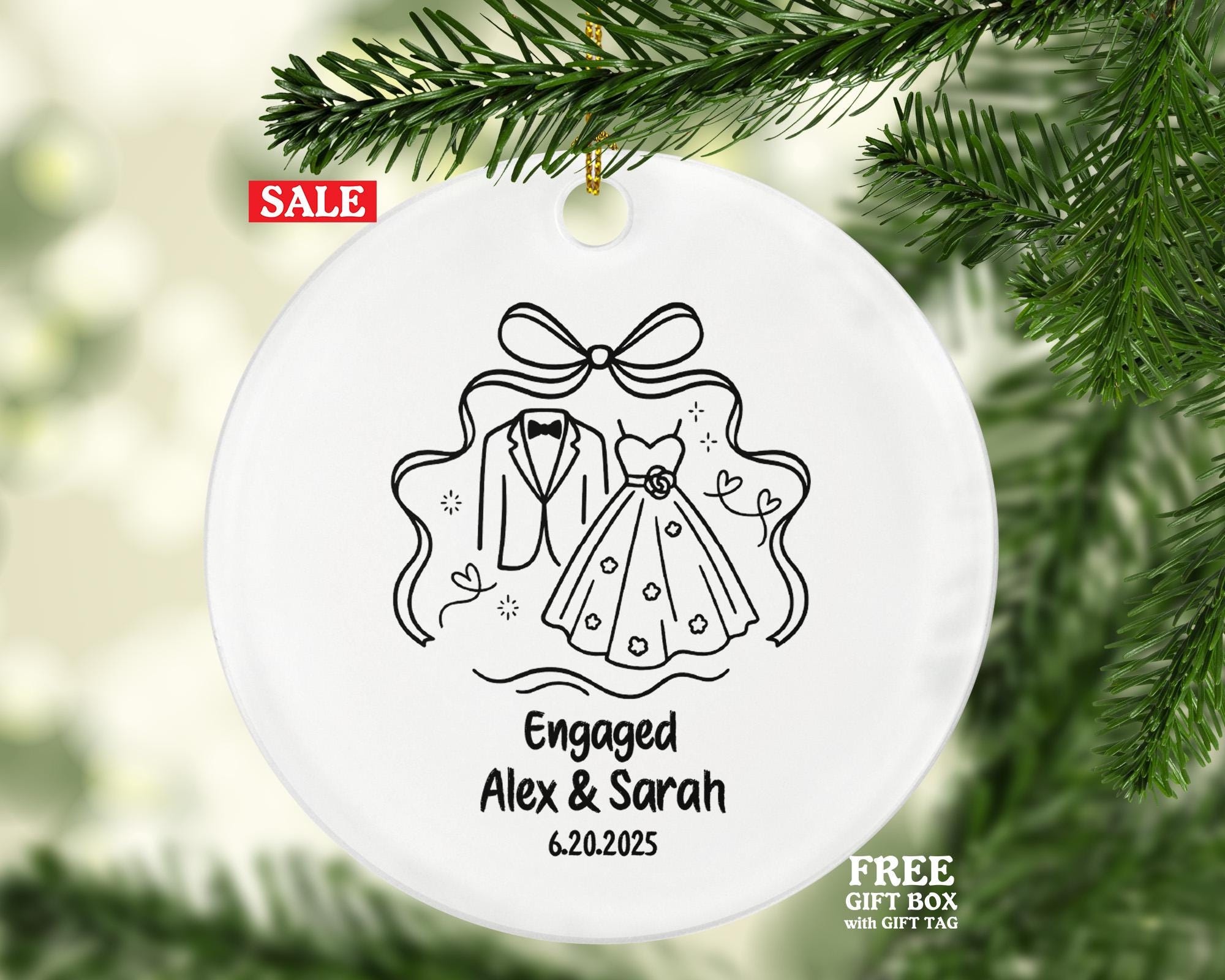 Minimalist Line Art Engagement Ornament – Bride Dress & Groom Tuxedo Design – Custom Engaged Couple Keepsake Gift