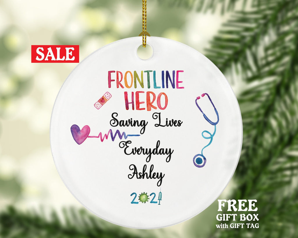 Frontline Heroes Medical Health Worker Doctor Christmas Ornament, Custom Gift from Patient for Nurse Physician Physical Therapist MD RN PT