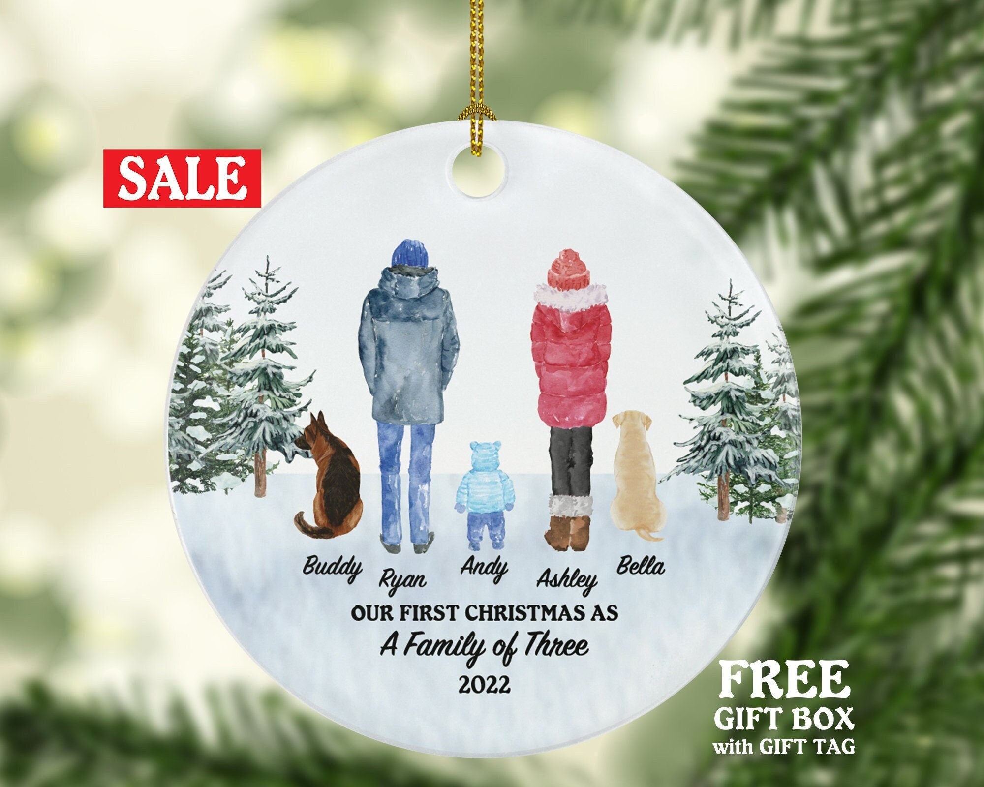 Personalized Family of 3 with Baby Boy Girl and Dog Cat Pet Christmas Ornament Custom Fur New Mom Dad Gift Lover Owner Holiday Rescue Breeds