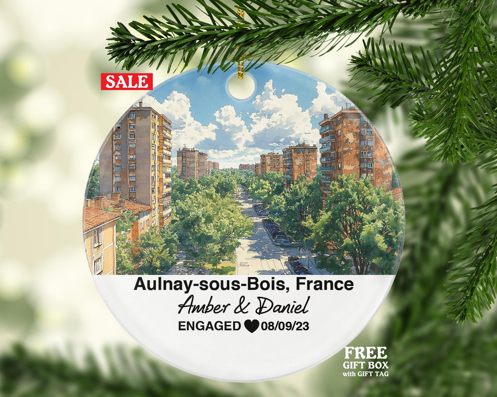 Personalized Aulnay-sous-Bois France Christmas Ornament, Parc du Sausset, Mr & Mrs Wedding, Engagement, or Honeymoon Keepsake for Couples