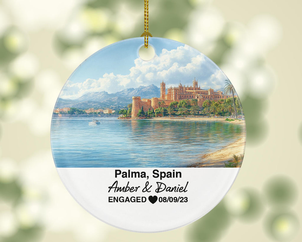 Palma Spain Round Ceramic Christmas Ornament – Personalized Holiday Keepsake, Custom Couple Gift for Wedding or Honeymoon