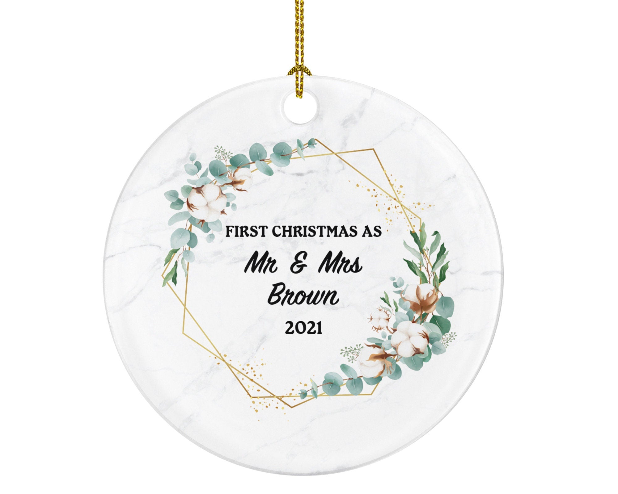 First Christmas as Mr & Mrs Married Couple Christmas Ornament Personalized - Newlywed Christmas First Custom Gift - Greenery