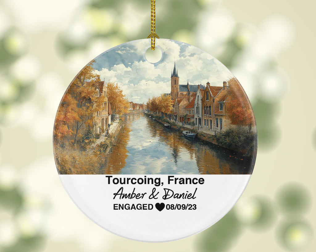 Personalized Tourcoing France Christmas Ornament, Historic Architecture, Mr & Mrs Wedding, Engagement, or Honeymoon Keepsake for Couples