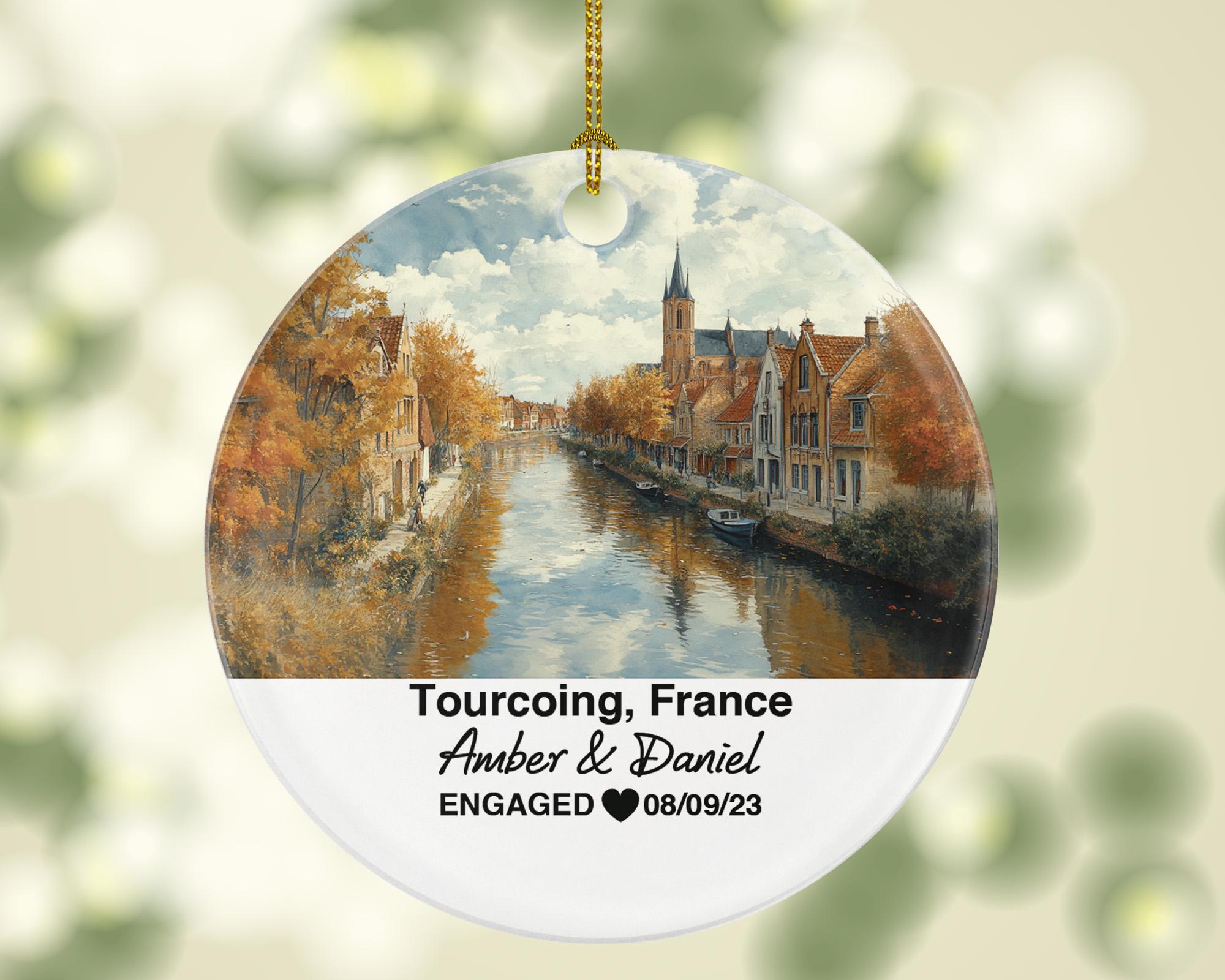 Personalized Tourcoing France Christmas Ornament, Historic Architecture, Mr & Mrs Wedding, Engagement, or Honeymoon Keepsake for Couples