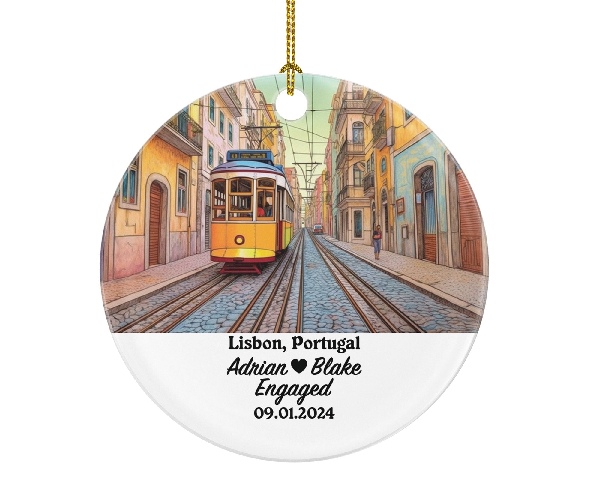 Lisbon Christmas Ornament Personalized - Portugal Engaged Married Family Together Couple Travel Honeymoon Engagement Marriage