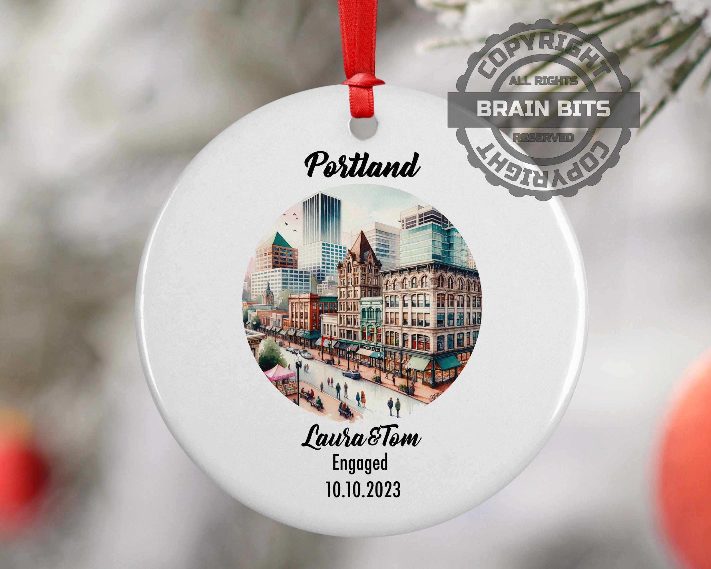 Portland Downtown Ornament, Engagement, Married, Travel, Gift for Engaged Couple, Engagement Gift, Trip, Vacation Souvenir