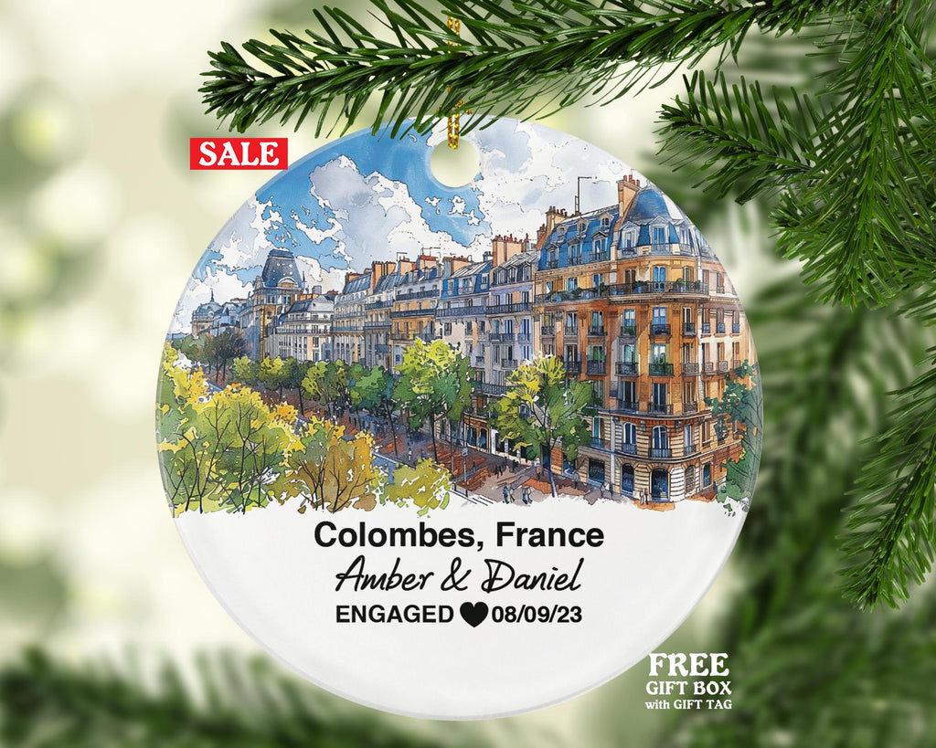 Personalized Colombes France Christmas Ornament, Charming Streets, Markets, Mr & Mrs Wedding, Engagement, or Honeymoon Keepsake for Couples