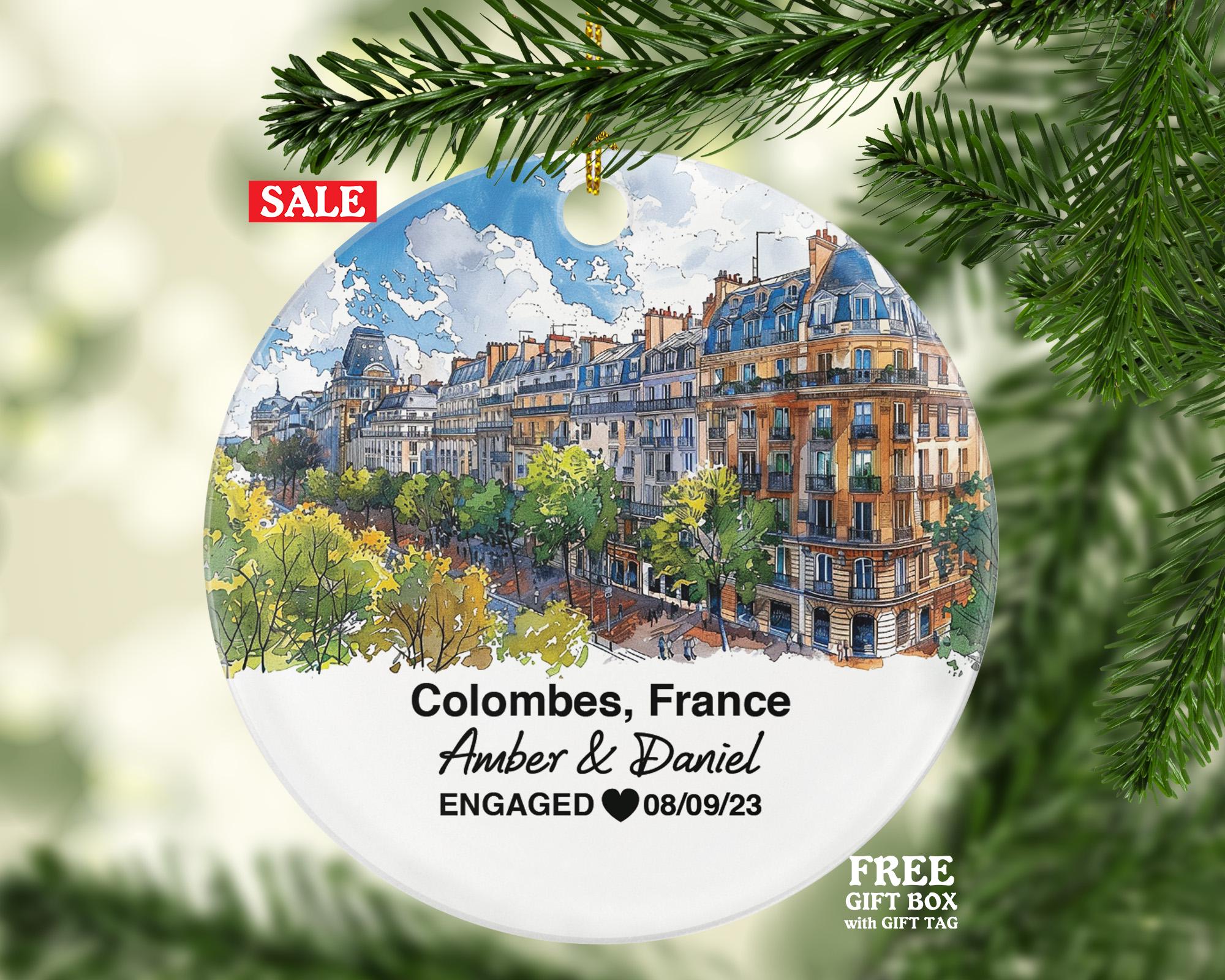 Personalized Colombes France Christmas Ornament, Charming Streets, Markets, Mr & Mrs Wedding, Engagement, or Honeymoon Keepsake for Couples