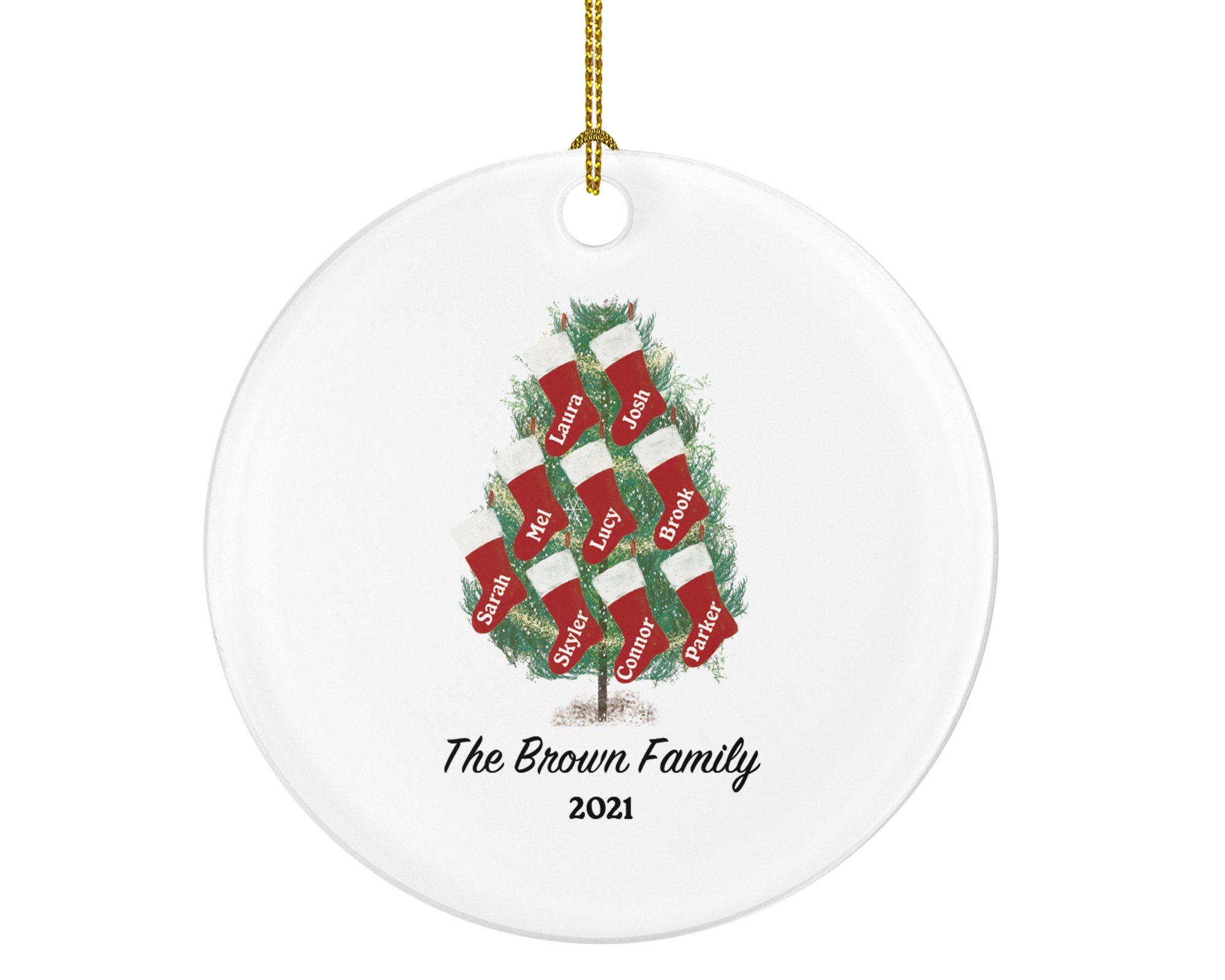 Family Christmas Tree with Socks Ornament - Family of 2 3 4 5 6 7 8 9 Personalized Gift - Custom Family Name Year Christmas Ceramic Ornament