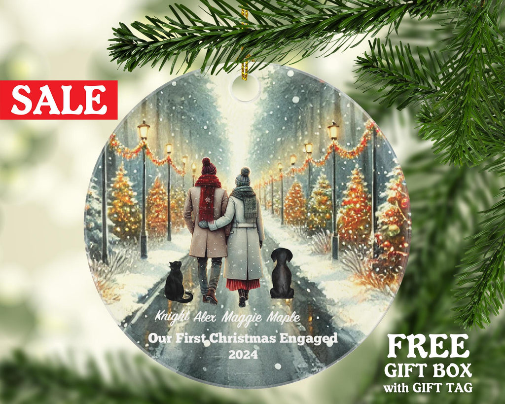 Engaged Couple Forest Pet Dog Cat Owner Personalized Christmas Ornament First Engagement Announcement Custom Lover Gift Fur Holiday Rescue