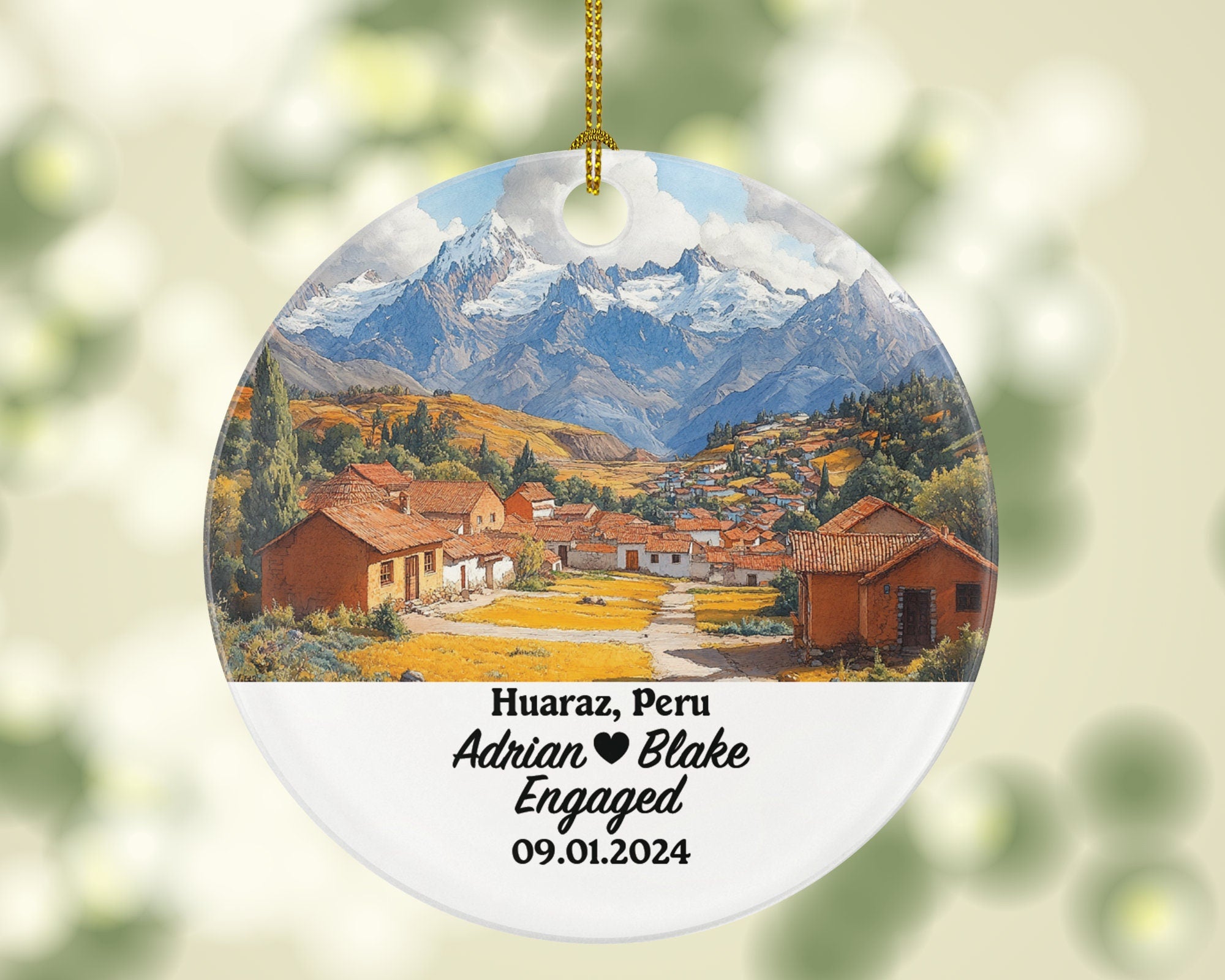 Huaraz Christmas Ornament Personalized - Peru Engaged Married Family Together Couple Travel Honeymoon Engagement Marriage