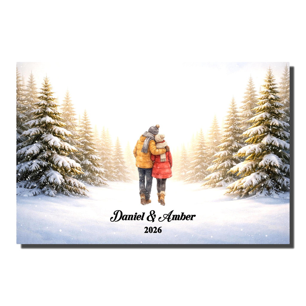 Custom Couple in Snow Wall Art | Winter Scene Print for Engaged, Married, Mr & Mrs, Anniversary | Aluminum Metal Print
