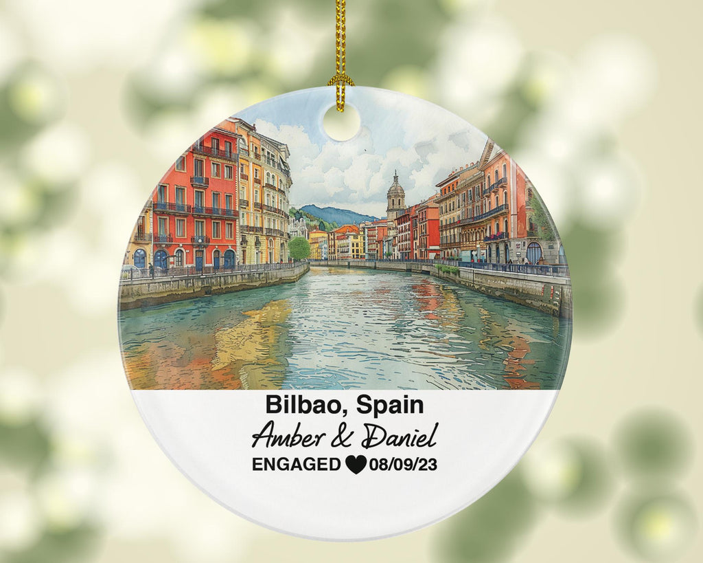 Bilbao Spain Round Ceramic Christmas Ornament – Personalized Holiday Keepsake, Custom Couple Gift for Wedding or Honeymoon